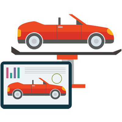 Illustration of car on lift and tablet image of car on lift