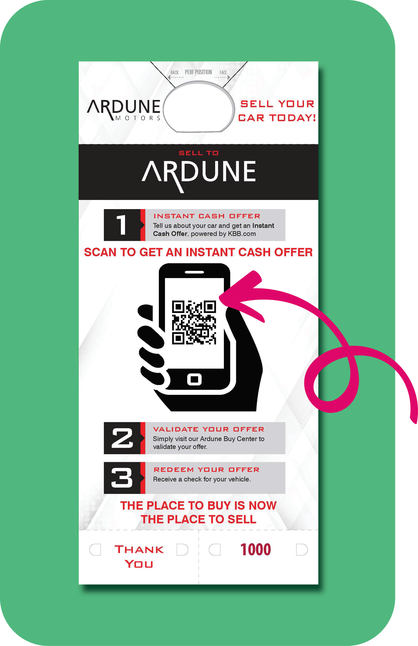A PromoTAG promotional hang tag featuring a QR code that links to a vehicle value calculator on the dealer's website.