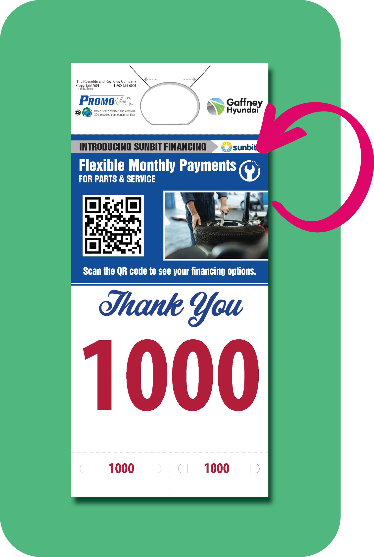 A PromoTAG promotional hang tag featuring a finance special and a QR code that links to special financing options.