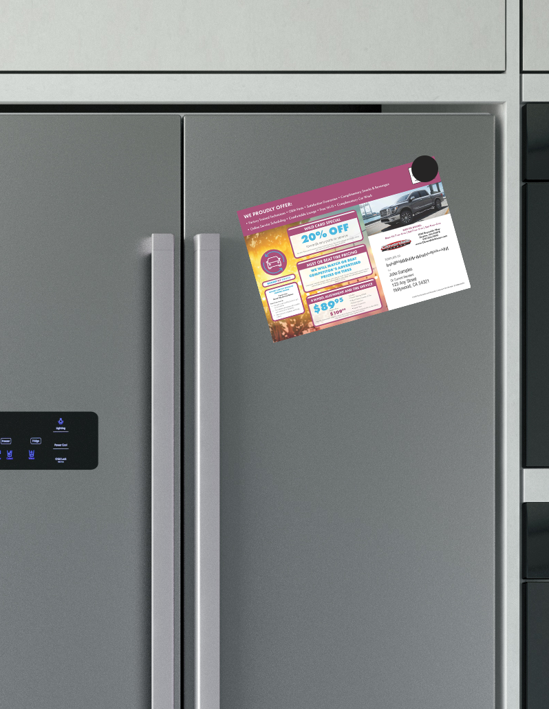 Refrigerator with a direct mail postcard showing coupons.