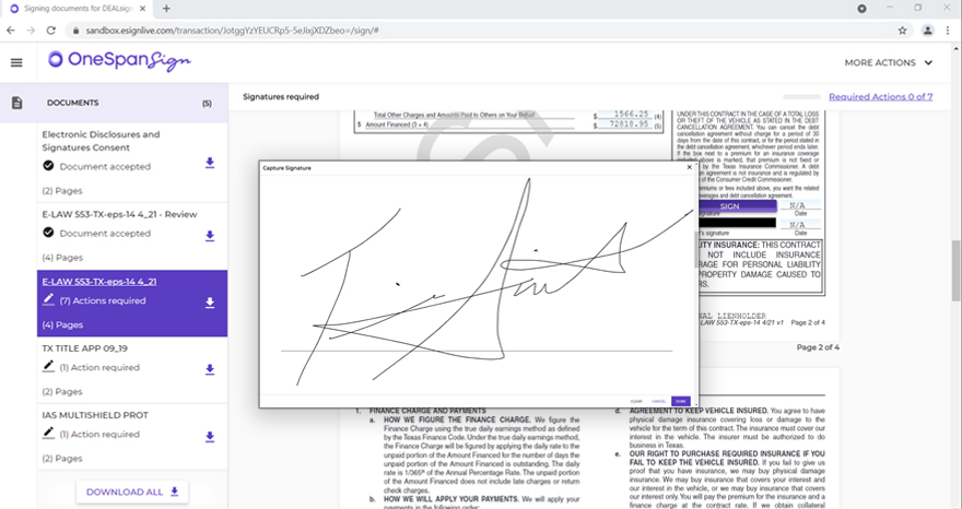 Forms signing screen on docuPAD Remote.