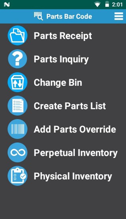 Parts Barcoding scanner screen.