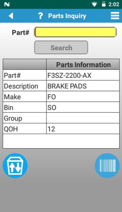 Parts Barcoding parts inquiry screen.
