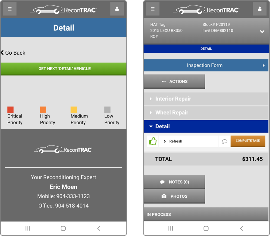 ReconTRAC mobile dashboard screens.
