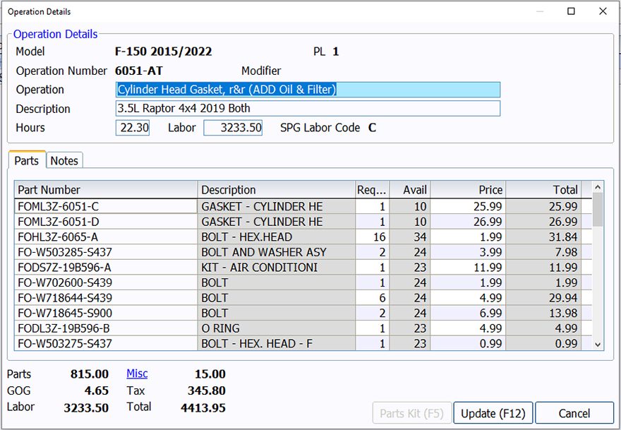 Parts pricing breakdown on screen using SPG