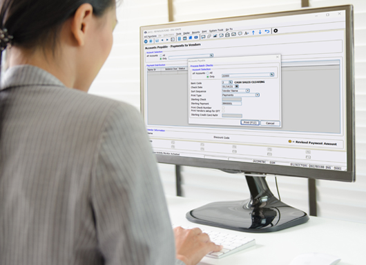 Woman working at business office computer