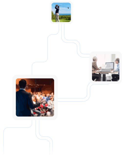 Bubbles with images of golfing, people sitting at computer in dealership, and a person speaking at a conference
