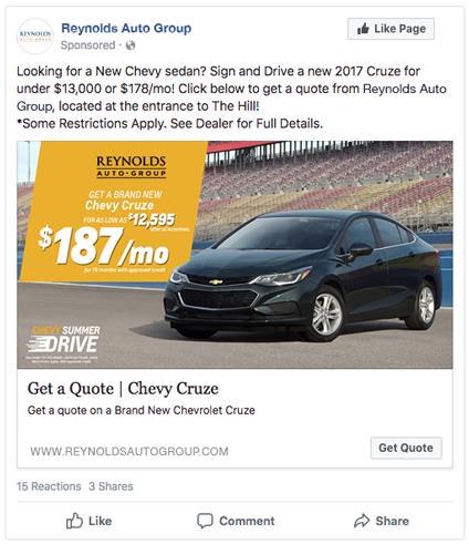 Automotive Inventory Ad displaying sales promotion on Facebook from their direct data feed. 