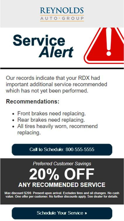 Service Alert email reminding customer to complete recommended repairs with a promotion at the bottom.
