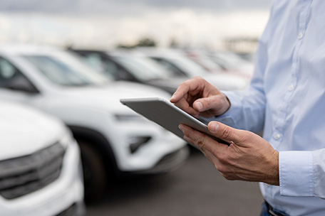 Man using a tablet on a vehicle lot.