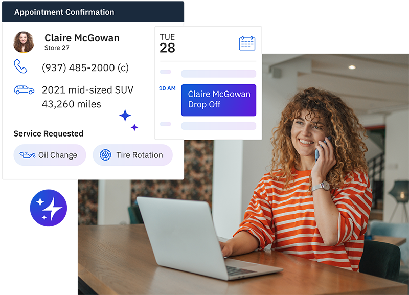 Woman on phone in front of computer, with mock up of information that would be collected from a call using Appointment AI overlaid on top
