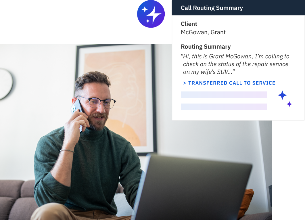 man on phone with car dealership, screen of call routing software