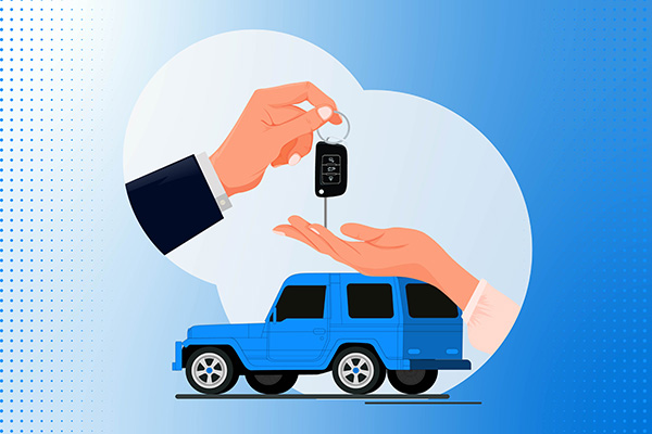 A cartoon version of one person handing a car key to another person