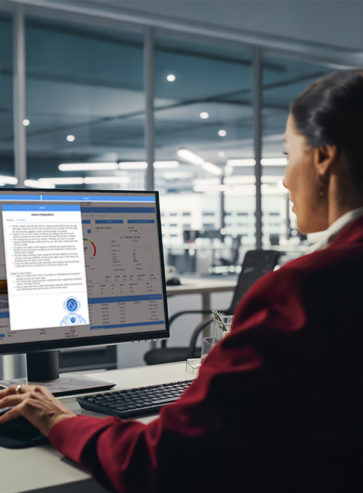 Woman sitting at a desk, looking at a computer screen showing Avery and AutoVision