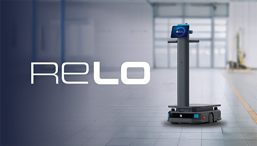 Relo parts deliver robot next to the Relo logo 