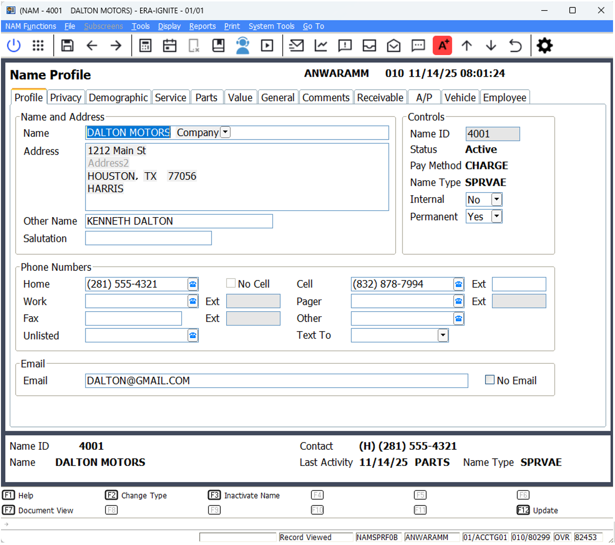 Screen in ERA-IGNITE that displays when modifying name records.