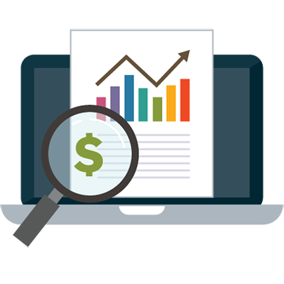 Illustration of laptop, chart, and magnifying glass