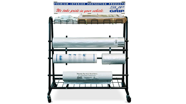 Plastic coverings in rolls on dispensers and shelves.